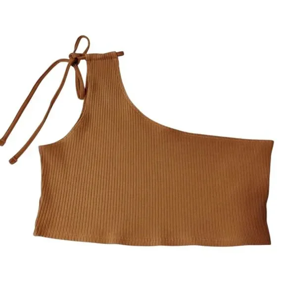 Aerie Tank Top Women's Cropped One Shoulder Tie Ribbed Playful Boho Beige XL - Picture 6 of 9